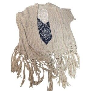 Cato Woman Plus 22/24 Boho Lace Back Fringe Cardigan Kimono Beige Knit Medallion